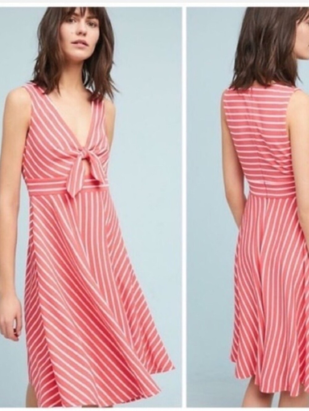 XS Hutch April Keyhole Coral and White Striped Tie-Front Midi Dress - Like New!
